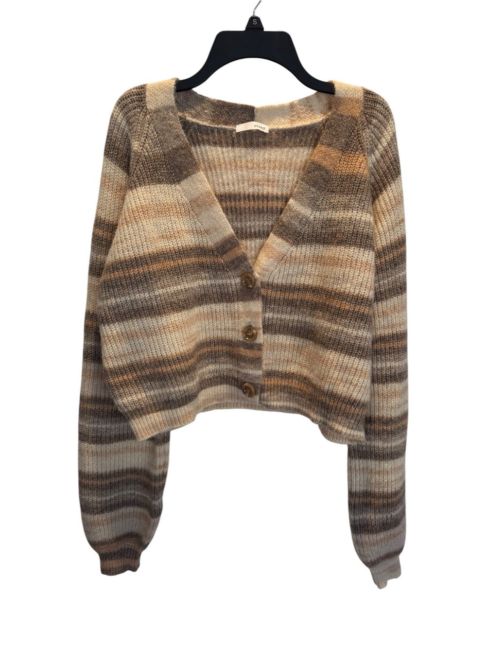 🌴 Striped V-Neck Cropped Cardigan Sweater in Taupe and Cream‎